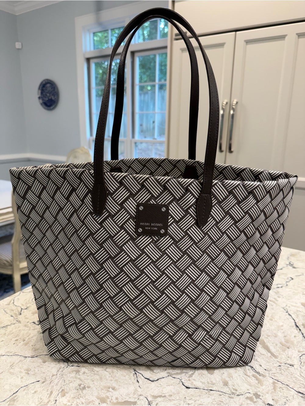 Henri Bendel Limited Edition Centennial Stripe Woven Market Tote Bag Black White